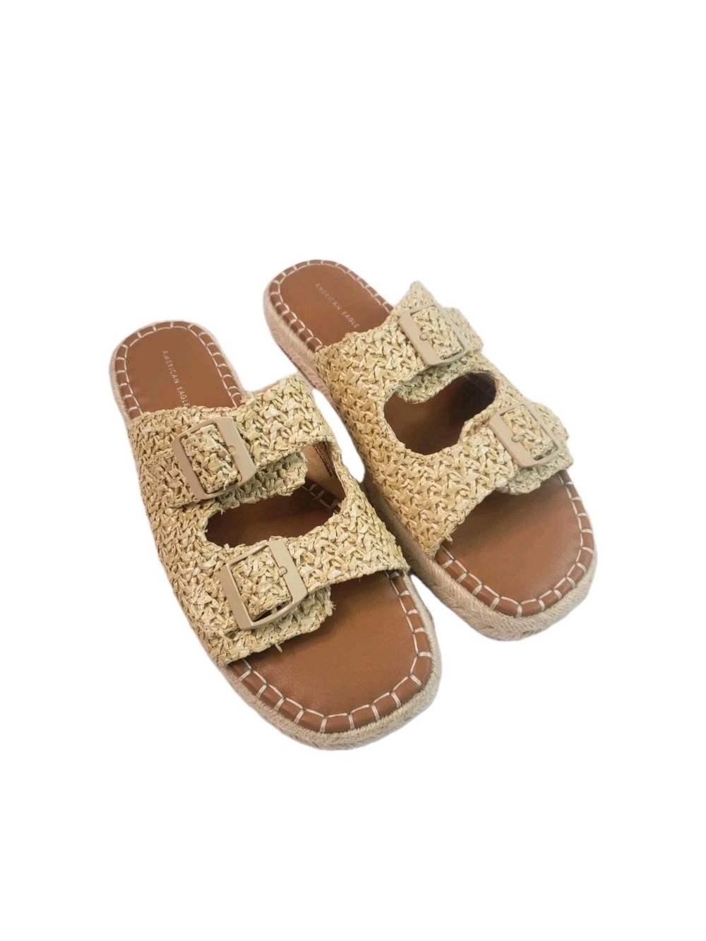 American Eagle Outfitters Raffia Double Buckle Slide Sandal Natural Womens 8.5